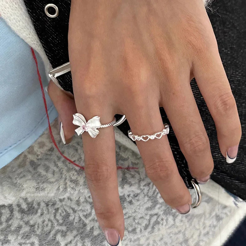 S925 Sterling Silver Bow Pink Diamond Adjustable Ring