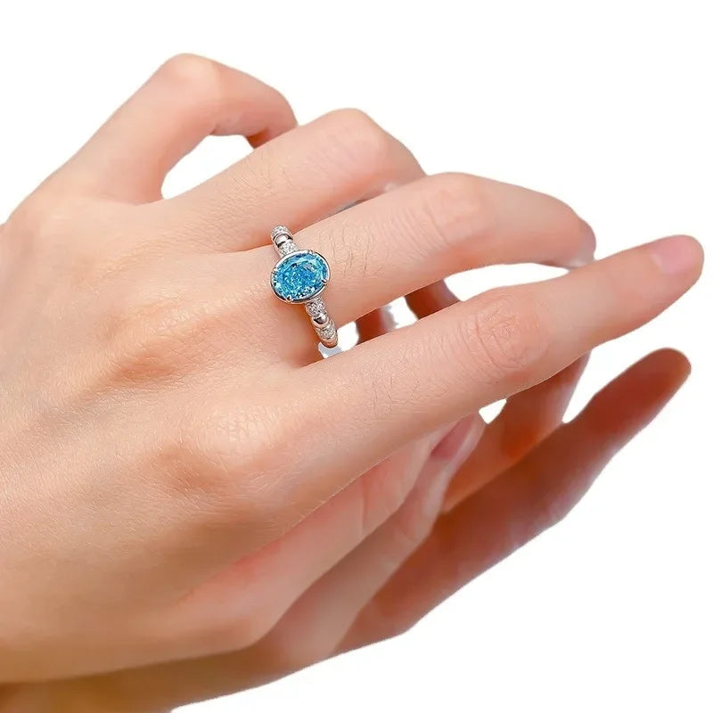 S925 Silver Ice Flower Cut Ring – Light Sea Blue 6*8 Stone
