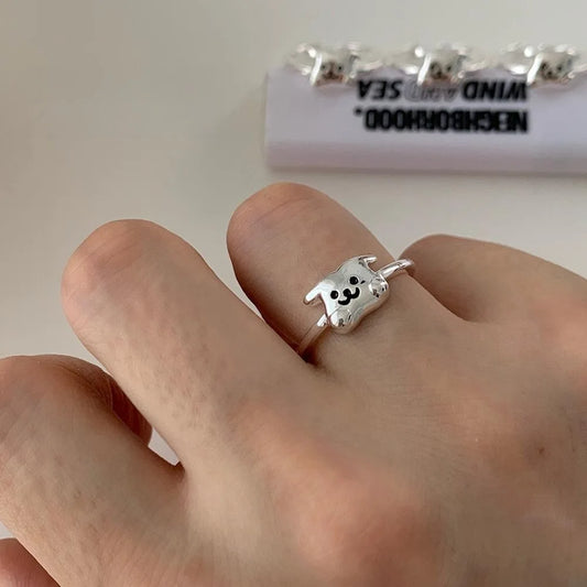 925 Sterling Silver Cartoon Puppy Ring – Adjustable Cute Dog Design for Animal Lovers