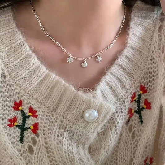 925 Sterling Silver Starfish Shell Pendant Necklace