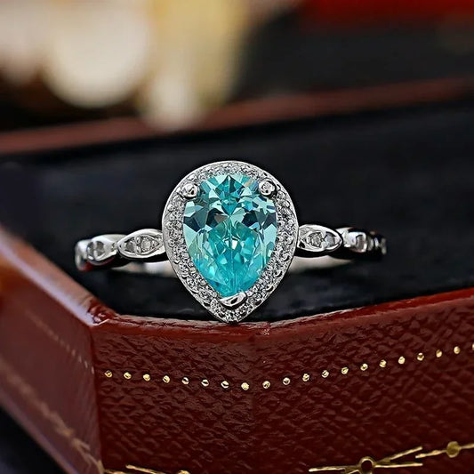 S925 Silver Rumble Ring – 6*8mm Sea Blue Stone for Women