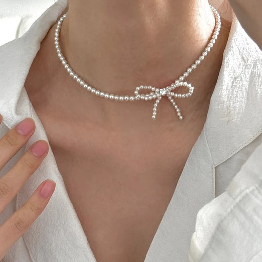 925 Sterling Silver Bow & Faux Pearl Necklace – Elegant & Feminine