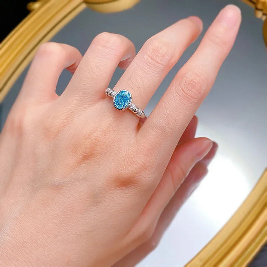 S925 Silver Ice Flower Cut Ring – Light Sea Blue 6*8 Stone