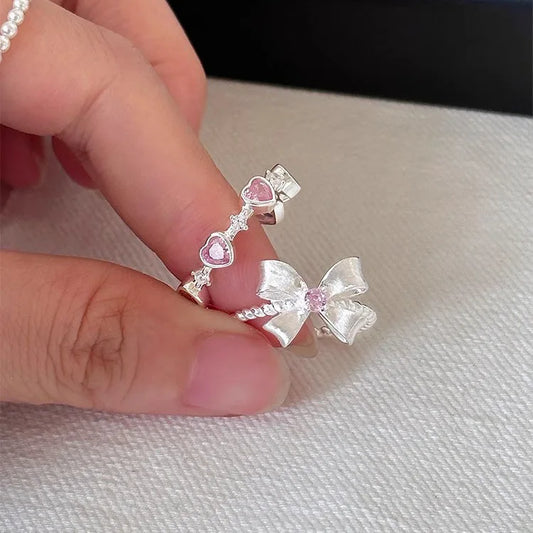 S925 Sterling Silver Bow Pink Diamond  Adjustable Ring