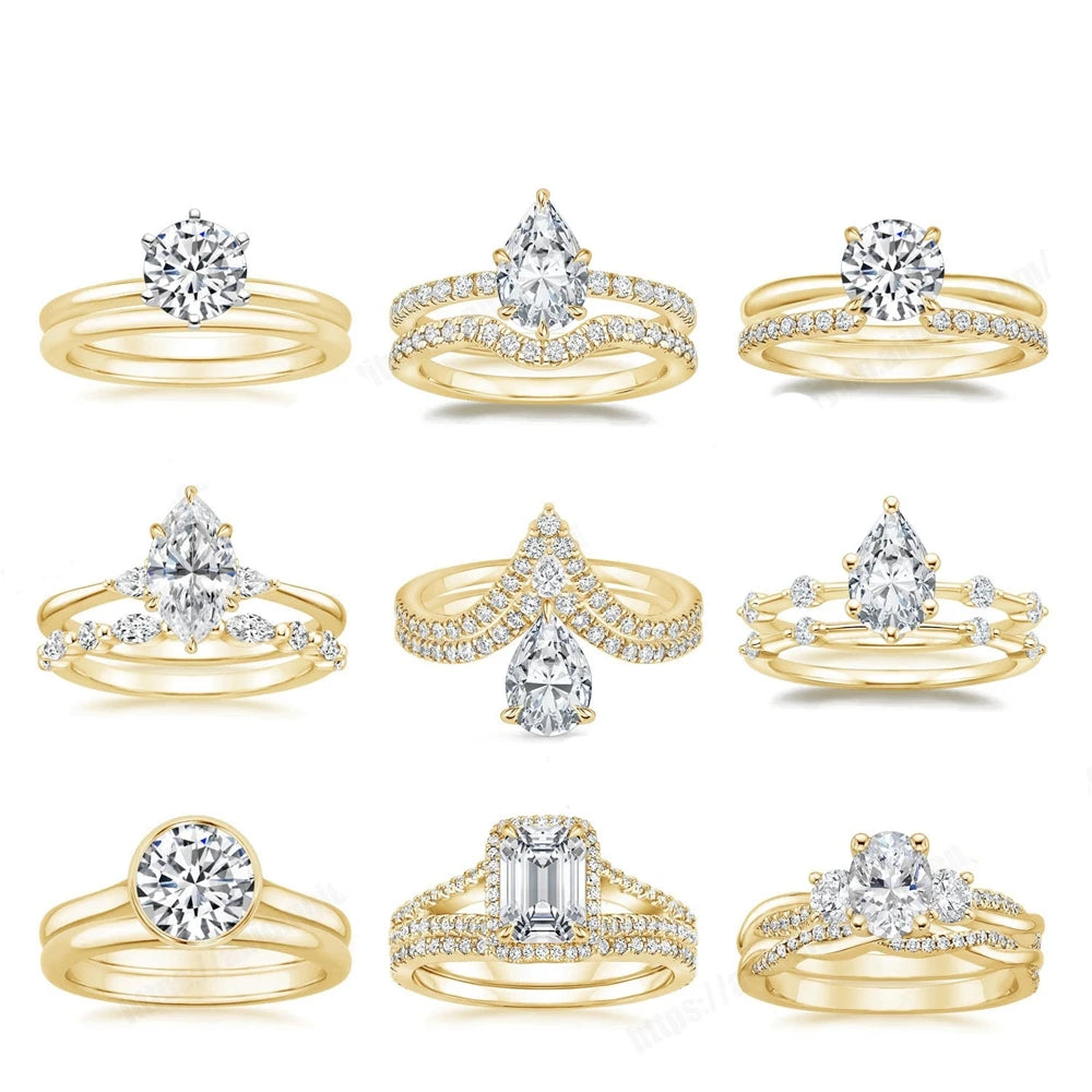 18K Gold Plated 925 Sterling Silver Real Moissanite Diamond Ring Set Wedding