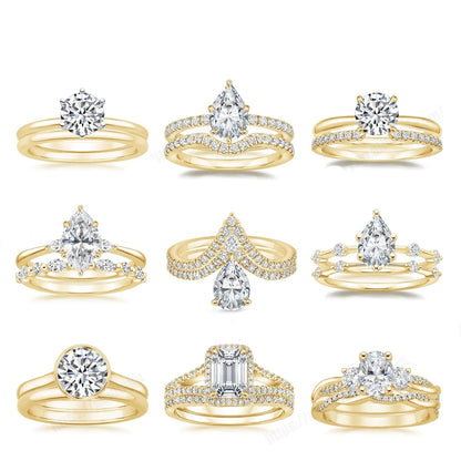 18K Gold Plated 925 Sterling Silver Real Moissanite Diamond Ring Set Wedding