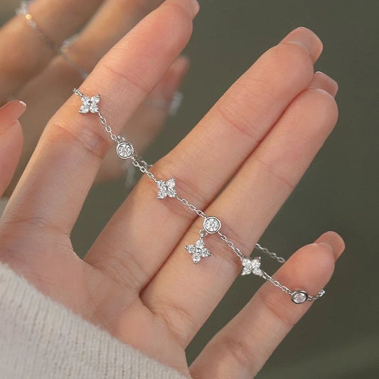 100% 925 Sterling Silver Moissanite Four Leaf Flower Bracelet